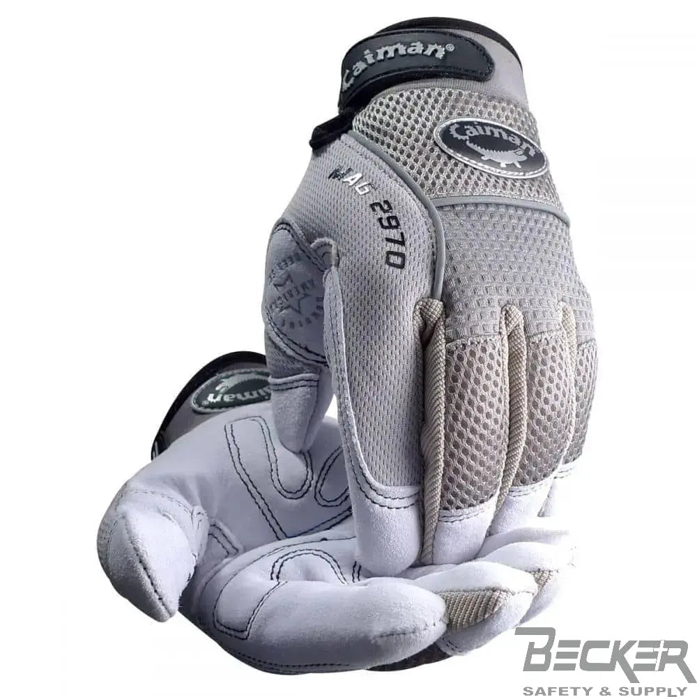 CAIMAN - Deer Split Leather Gray padded palm Velcro pull strap Mechanics glove - L  Becker Safety and Supply